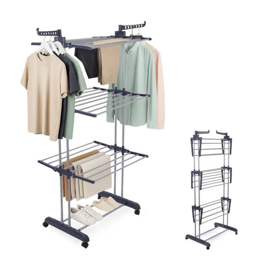 Rack 4-Tier, Foldable Laundry Drying Rack 69.9-Inch Tall, Extendable Rods, Stainless Steel, Rolling Clothes Horses, Clothes Airer, Indoor Outdoor Use