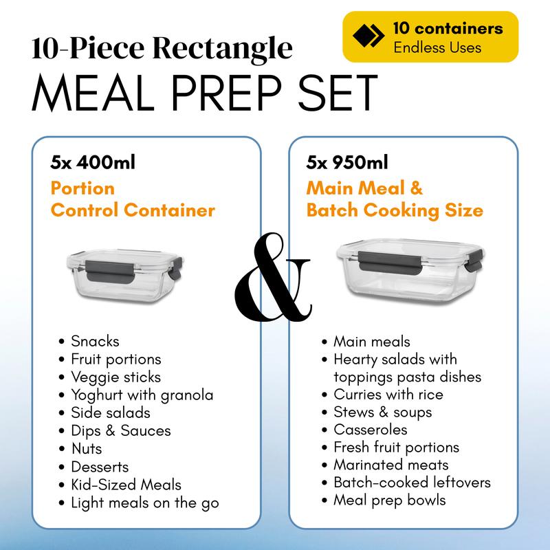 Glass Meal Prep Containers Set of 10 | BPA-Free & Leak-Proof | Microwave, Oven, Freezer & Dishwasher Safe