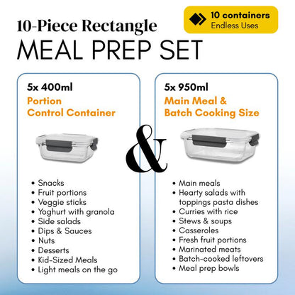 Glass Meal Prep Containers Set of 10 | BPA-Free & Leak-Proof | Microwave, Oven, Freezer & Dishwasher Safe