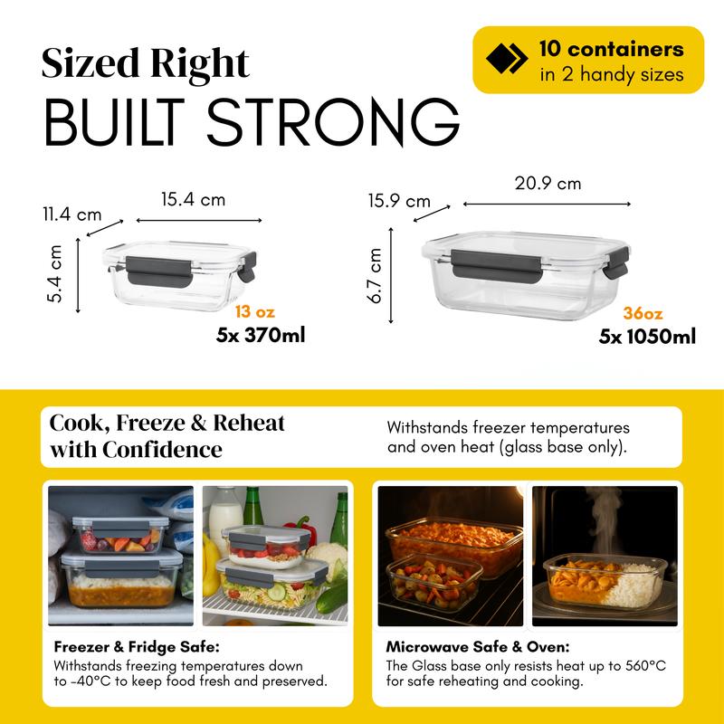 Glass Meal Prep Containers Set of 10 | BPA-Free & Leak-Proof | Microwave, Oven, Freezer & Dishwasher Safe