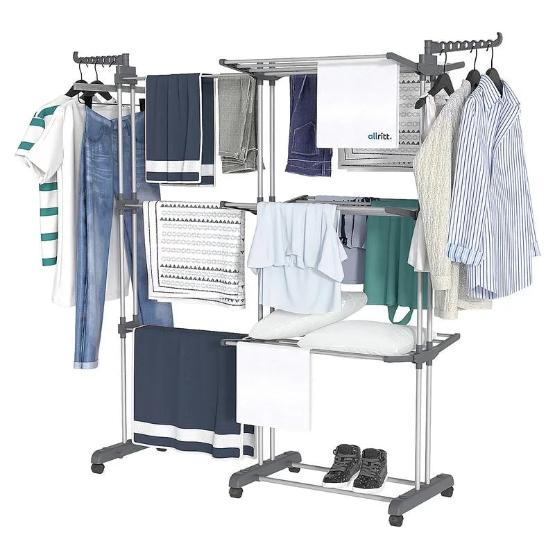 Rack 4-Tier, Foldable Laundry Drying Rack 69.9-Inch Tall, Extendable Rods, Stainless Steel, Rolling Clothes Horses, Clothes Airer, Indoor Outdoor Use