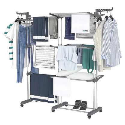 Rack 4-Tier, Foldable Laundry Drying Rack 69.9-Inch Tall, Extendable Rods, Stainless Steel, Rolling Clothes Horses, Clothes Airer, Indoor Outdoor Use