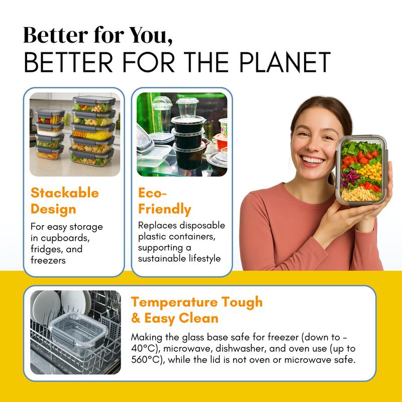 Glass Meal Prep Containers Set of 10 | BPA-Free & Leak-Proof | Microwave, Oven, Freezer & Dishwasher Safe