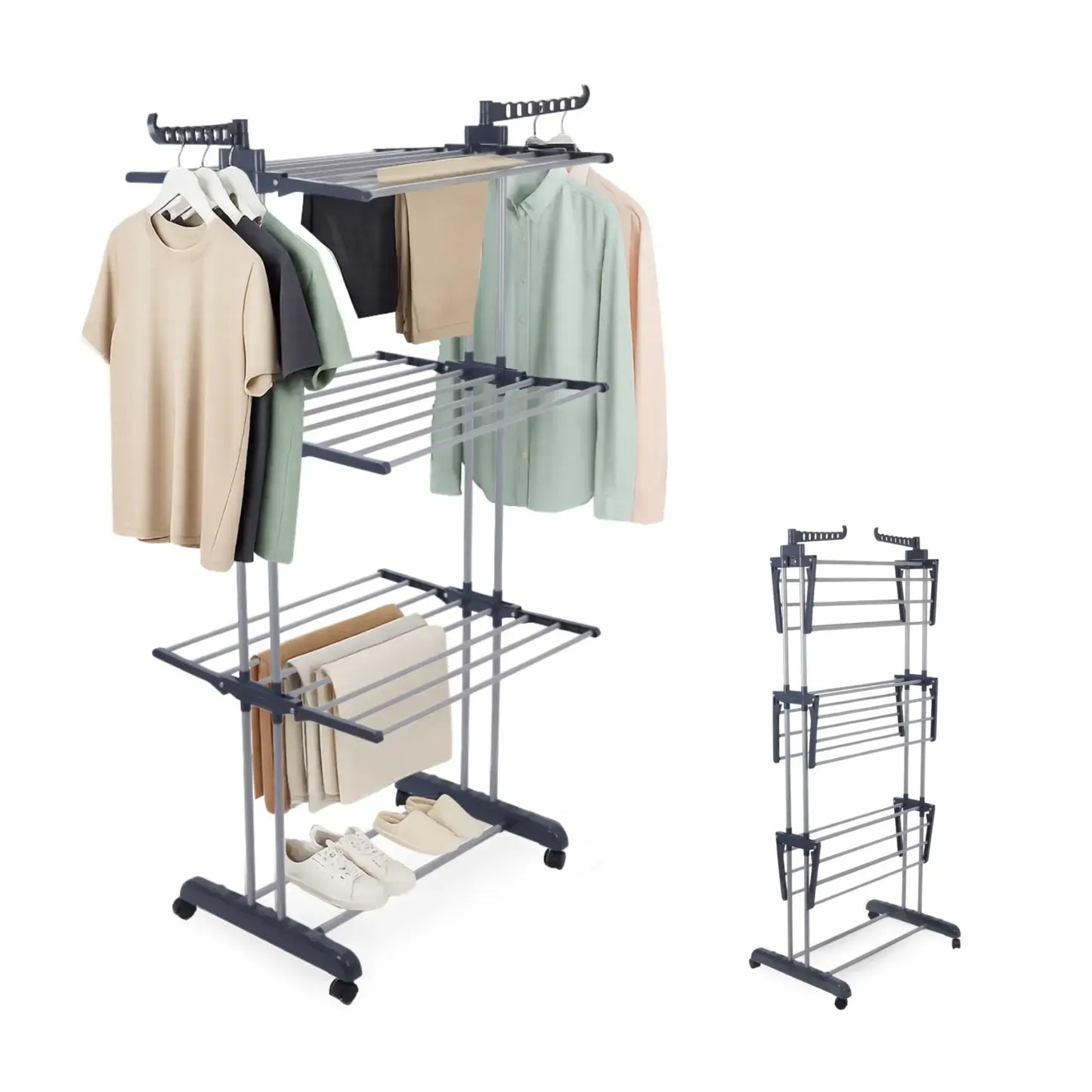 Rack 4-Tier, Foldable Laundry Drying Rack 69.9-Inch Tall, Extendable Rods, Stainless Steel, Rolling Clothes Horses, Clothes Airer, Indoor Outdoor Use