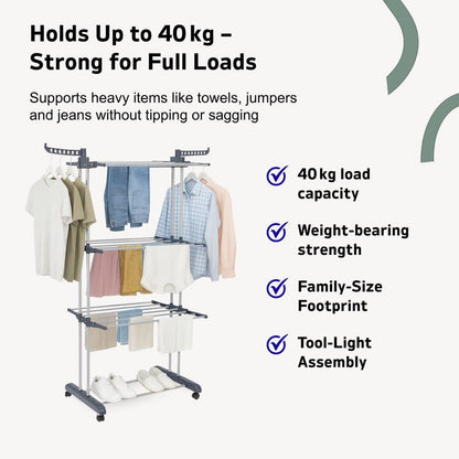 Rack 4-Tier, Foldable Laundry Drying Rack 69.9-Inch Tall, Extendable Rods, Stainless Steel, Rolling Clothes Horses, Clothes Airer, Indoor Outdoor Use