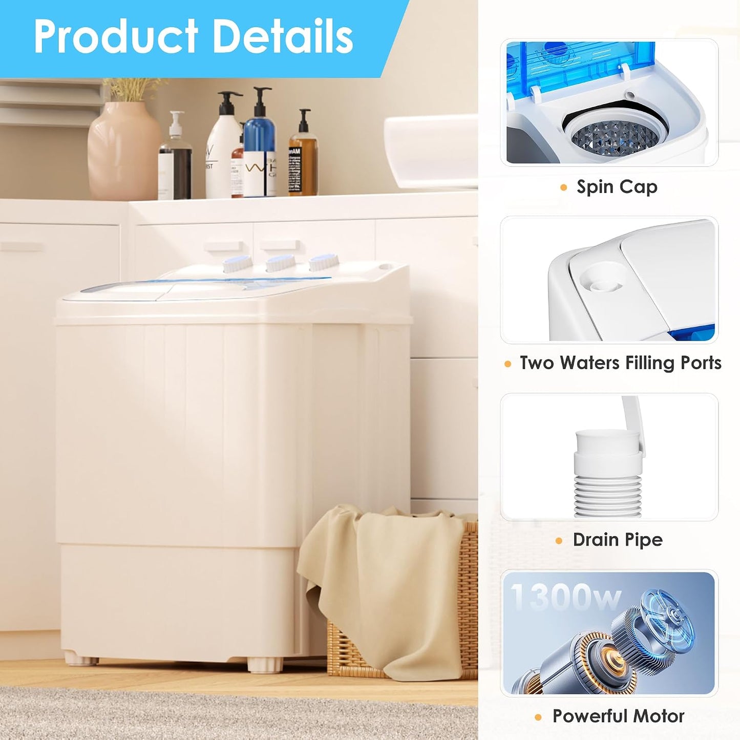 Portable Washing Machine, 18lbs Twin Tub portable Washer with Spin Cycle and Dryer, Semi-automatic Washer Machine Combo for Dorms, Apartments, Grey