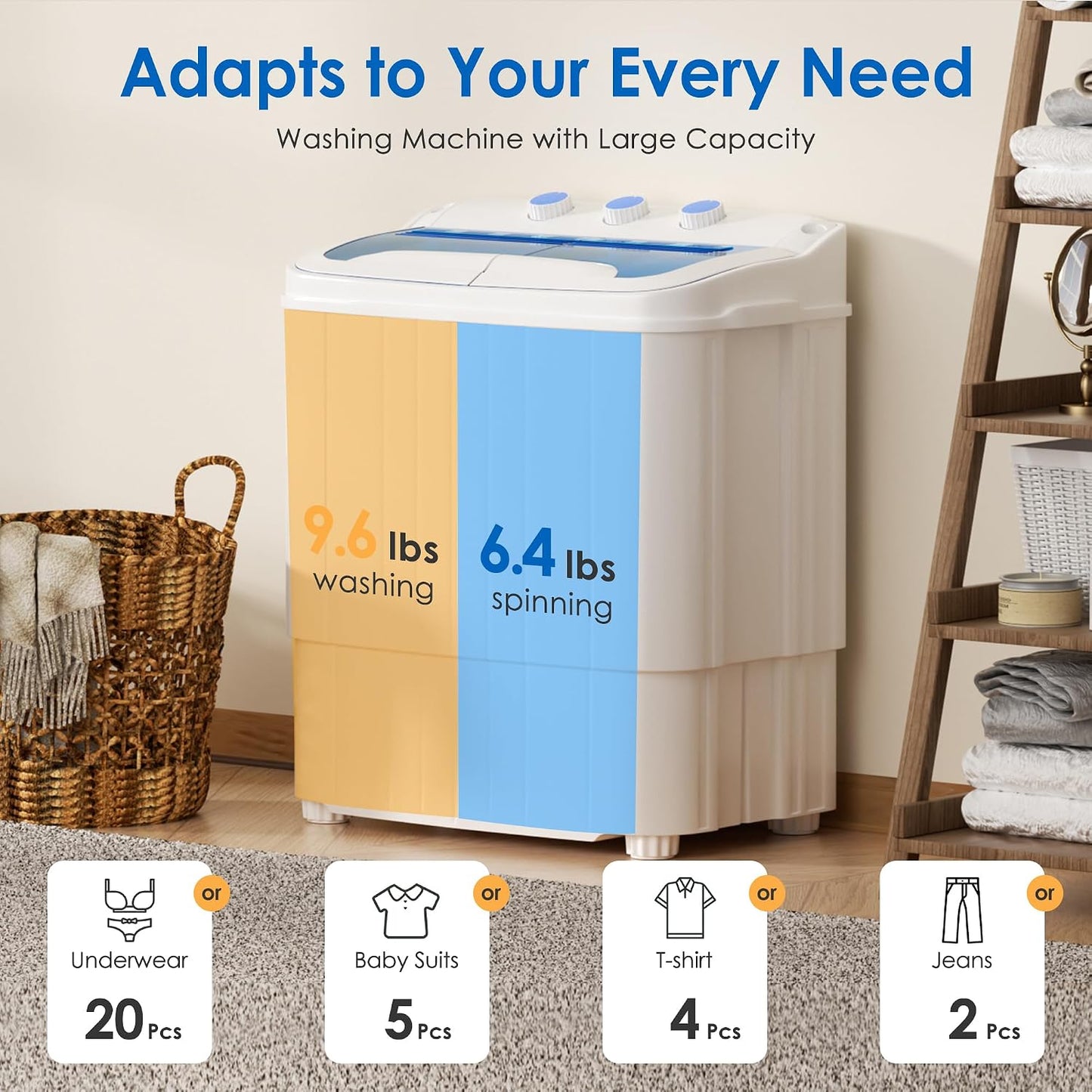 Portable Washing Machine, 18lbs Twin Tub portable Washer with Spin Cycle and Dryer, Semi-automatic Washer Machine Combo for Dorms, Apartments, Grey