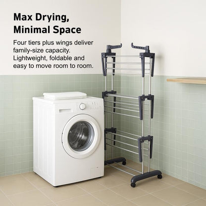 Rack 4-Tier, Foldable Laundry Drying Rack 69.9-Inch Tall, Extendable Rods, Stainless Steel, Rolling Clothes Horses, Clothes Airer, Indoor Outdoor Use