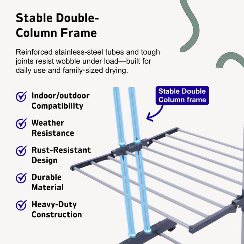 Rack 4-Tier, Foldable Laundry Drying Rack 69.9-Inch Tall, Extendable Rods, Stainless Steel, Rolling Clothes Horses, Clothes Airer, Indoor Outdoor Use