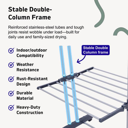 Rack 4-Tier, Foldable Laundry Drying Rack 69.9-Inch Tall, Extendable Rods, Stainless Steel, Rolling Clothes Horses, Clothes Airer, Indoor Outdoor Use
